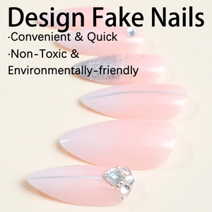 Luxury almond shaped press-on nails with pink gradient silver glitter and rhinestones