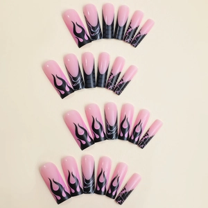 Pink and black flame pattern long coffin shaped press-on nails with 24 piece set