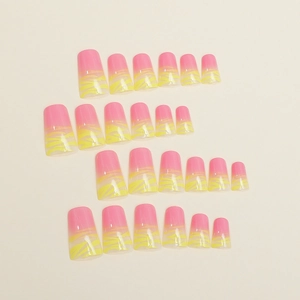 Faux ongles dégradés rose et jaune avec motif tigre et forme de cercueil longue