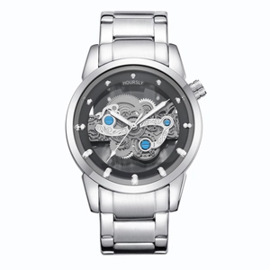 Silver stainless steel skeleton watch for men with transparent dial and mechanical gears