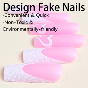 Pink matte coffin fake nails with white glitter French tips and delicate heart patterns