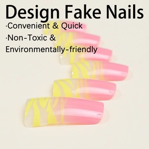 Faux ongles en forme de patte de canard avec rayures roses et jaunes brillantes