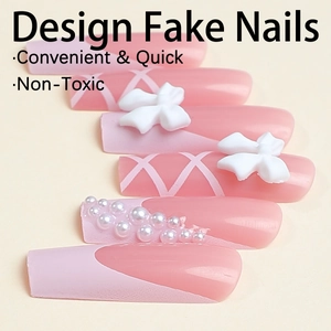 Pink French design press-on nails with 3D bows, pearls and ballet ribbon patterns