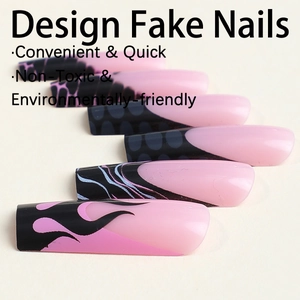 Pink and black flame patterned press-on nails in long square shape on white background