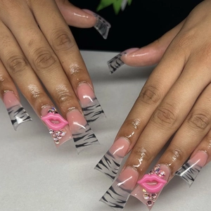 Long Square Press On Nails Leopard Zebra Print With 3D Pink Lip Resin Accessories And Rhinestones DIY Removable Manicure