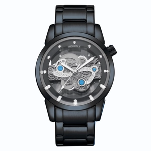 Men's business watch with black steel strap and silver hollow-out skeletal movement
