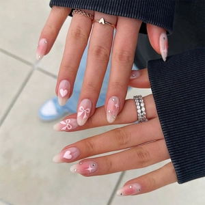Handmade Pink Gradient Press On Nails Almond Shape Heart Bow Rhinestone Decorative Fake Nails For Valentine Day Women Beauty Gift