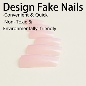 Pink translucent duckbill press on nails with solid color and minimalist long square shape