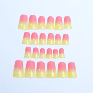 Coffret de 24 faux ongles pieds de canard dégradé rose jaune et motif tigre