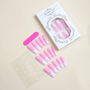 Detailed set of French white tips press-on nails with heart glitter and accessories