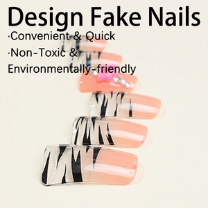 French duckbill fake nails with leopard zebra patterns and pink star rhinestones