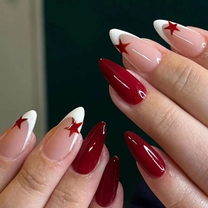 Uñas Postizas De Forma Almendra Francesa Borgoña Estrellas Rojas Diseño Puntas De Uñas Para Mujeres Manicura Elegante