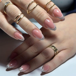 French Almond Press On Nails Nude Pink Base Silver Glitter Tips Glossy Long Fake Nails Full Cover Manicure For Women