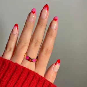 Red Pink French Heart Press On Nails Long Almond Fake Nails Full Cover Manicure For Women Valentine Day