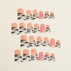 French duckbill leopard print press-on nails with pink 3D lips and rhinestones