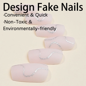 Long rectangular press-on nails with marble lines and silver glitter on nude pink base