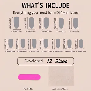 Glitter French press-on nails size chart with 12 pieces and gradient manicure set