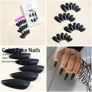 Glossy stiletto press-on nails set with almond shape, adhesive tabs and pink nail file