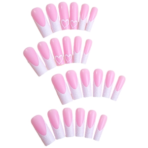 Pink coffin press-on nails with white glitter French tips and heart outline design
