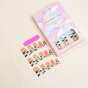 Leopard print press-on nail kit with 24 tips, glue stickers, and filing tool