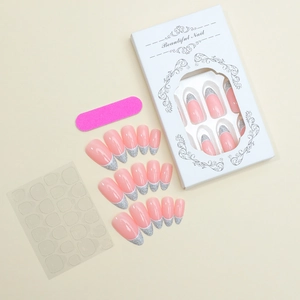 French tip almond fake nails kit with glitter, 24 pcs, file, and adhesive tabs in box
