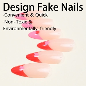 Minimalist French press-on nails with red heart patterns and glossy pointed tips