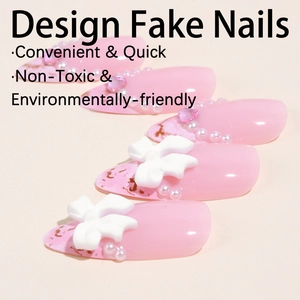 Almond pink fake nails with 3D white bows, pearls, heart rhinestones and marble finish