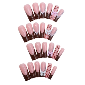 Long coffin press-on nails with chocolate French tips, pearls, and 3D resin bows