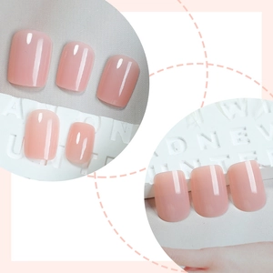 Short square press-on nails in translucent nude pink jelly finish with a glossy look