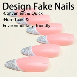 Almond shaped press-on nails with pink base and silver glitter French line design