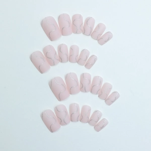 Pink press-on nails with marble glitter lines and a matte finish, 24-piece full set