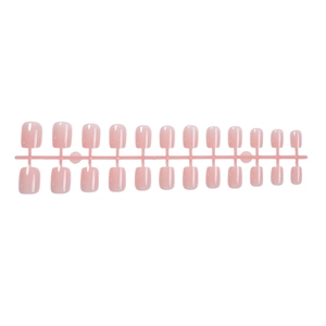 Short square soft pink press-on nails set with 24 pieces on a professional display rack