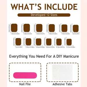 Short brown press-on nails set with 12 sizes chart including file and adhesive tabs