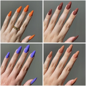 Glossy almond-shaped press-on nails in orange, brown, purple and nude pink shades
