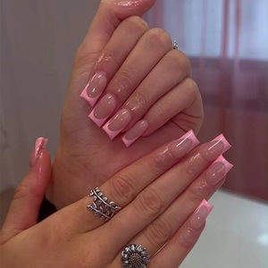 Glossy Pink French Tip Press On Nails Long Square Fake Nails Manicure With Nail File And Adhesive Jelly Glue For Women