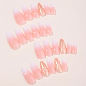 Pink and white ombre almond press on nails with glitter gold accents 24pcs set