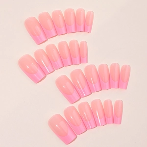 Pink French tips press-on nails set with glossy nude base and round edge design