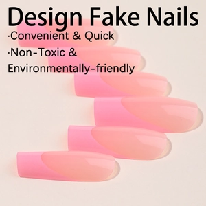 Pink French style press-on nails with minimalist nude design in square shape