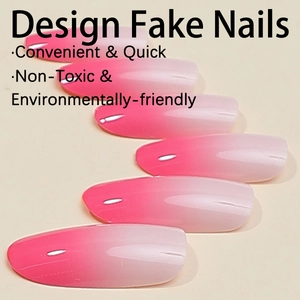 Pink and white gradient oval press-on nails with silver reflective strips on almond shape
