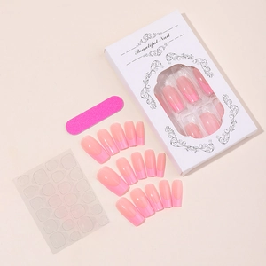 Pink French ombre press-on nails set with mini nail file and adhesive jelly glue tabs