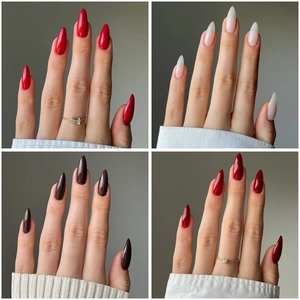 Set of press-on almond nails in red, gradient nude, chocolate brown, and wine burgundy