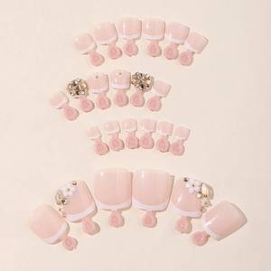 French style toe press-on nails with 3D white flowers and rhinestones on nude pink base