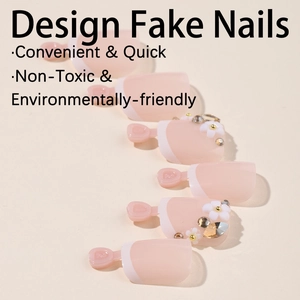 French style press-on toenails with pink base, 3D white flowers and sparkling rhinestones