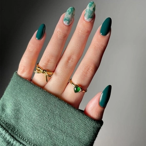 Green Marble Pattern Almond Press On Nails Glossy Solid Color Artificial False Nails With Adhesive Tabs And File