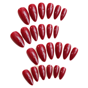 Glossy deep red almond press-on nails set with 24 pieces featuring fine vertical textures