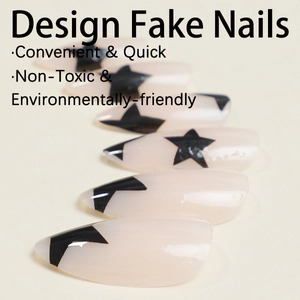 French almond fake nails with black star patterns on cream base, stylish long pointed shape
