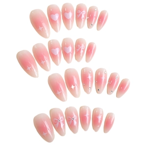 Pink gradient almond press-on nails set with 3D bows, hearts and rhinestones