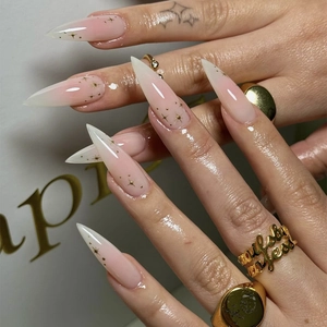 Lange Stiletto Künstliche Nägel Rosa Nude Weiß Farbverlauf Gold Stern Muster Französisch Fake Nails Mit Klebe-Tabs Damen