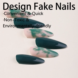 Green marble almond press-on nails with dark green solid color and glossy finish