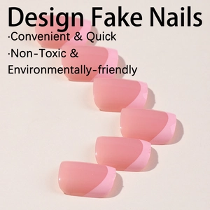 French tip design press-on fake nails in soft pink and nude pink square shapes